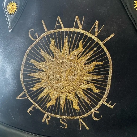 Authentic Vintage Versace Black Satchel with Embroidered Gold Sun Logo - Picture 2 of 15
